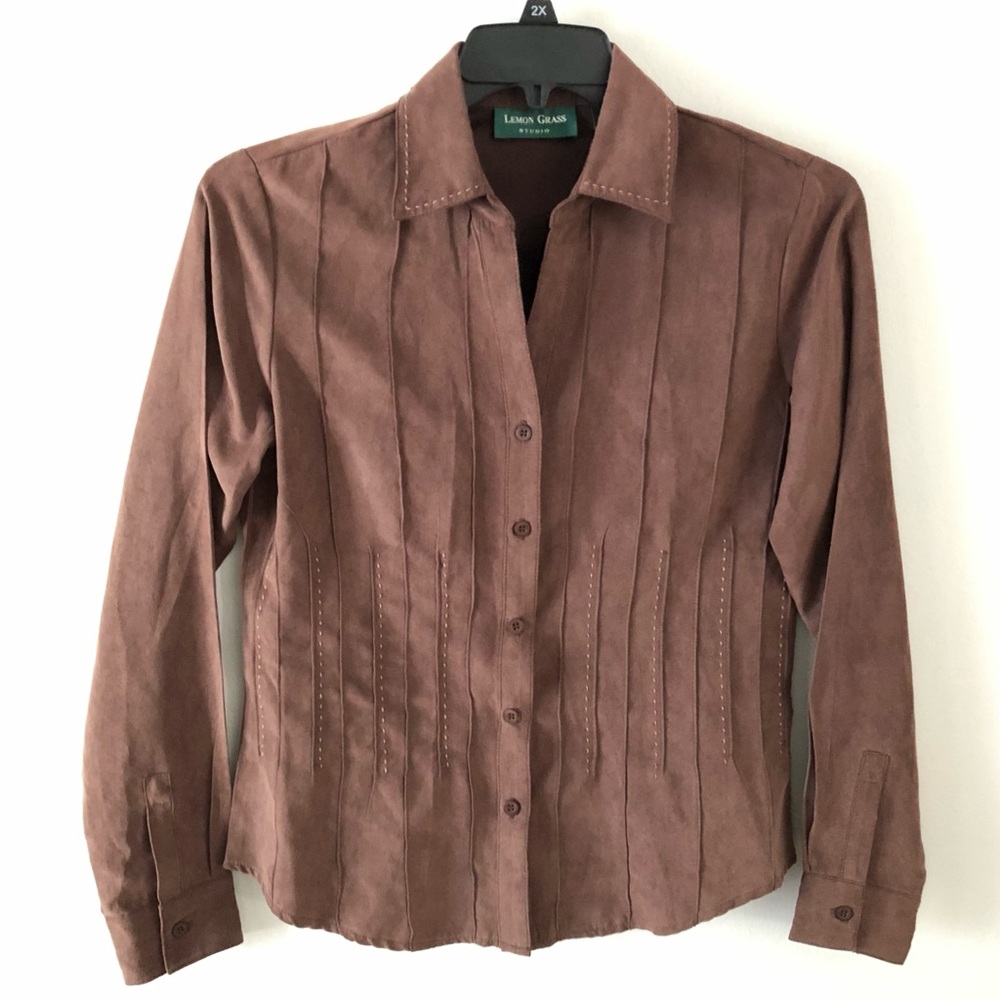 Lemon Grass Faux Suede Button-Front Brown Fitted Shirt Western Fall